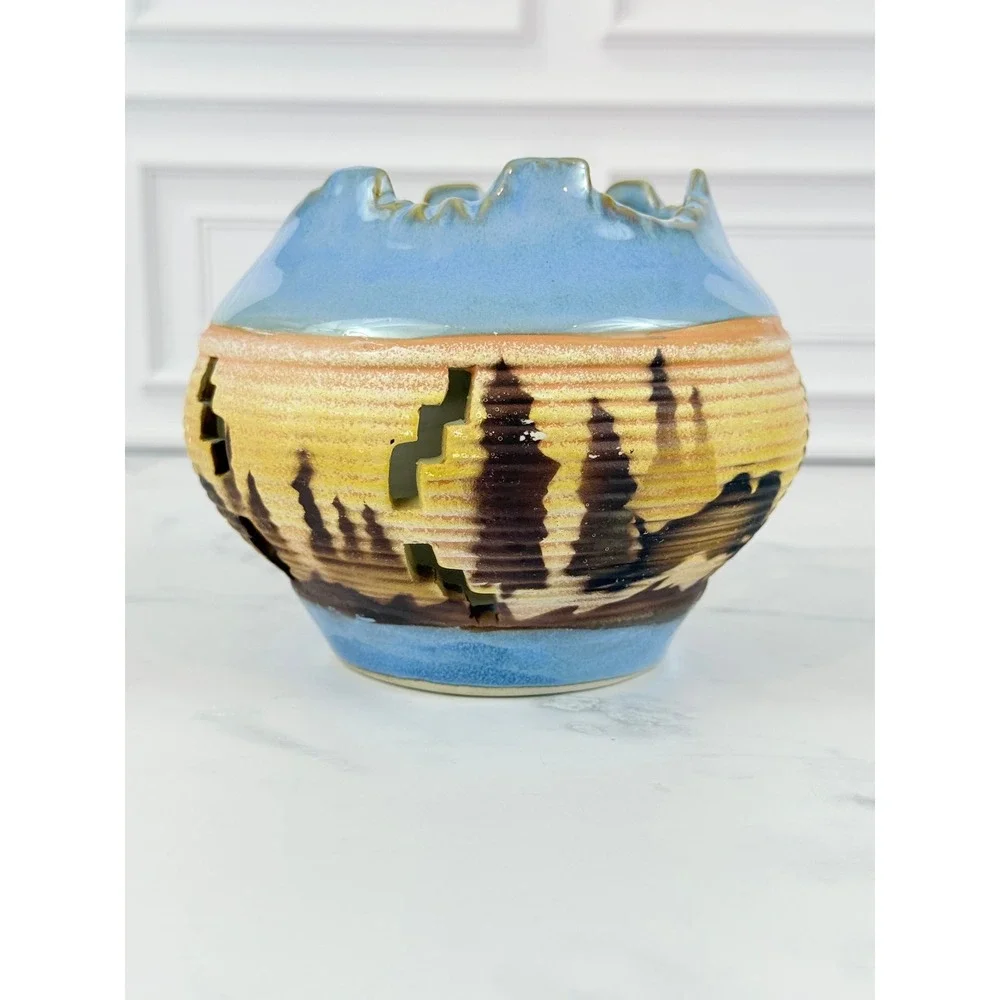 VTG Pottery Barn Blue Brown Glazed Native American Pot Planter 5